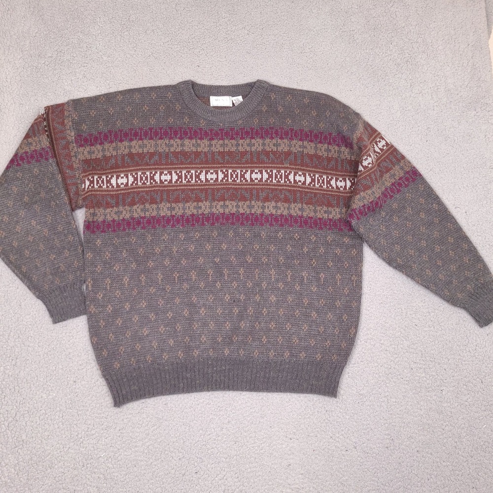 Vintage The Mens Store Sears Fair Isle Sweater 2XL Gray Geometric Knit‎ Grandpa